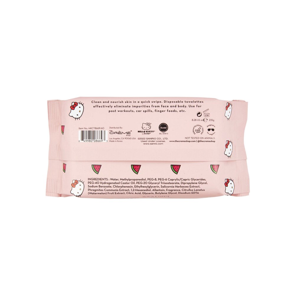 [The Crème Shop] X Hello Kitty 3-in-1 Complete Cleansing Towelettes, 60CT, Hydrating Watermelon